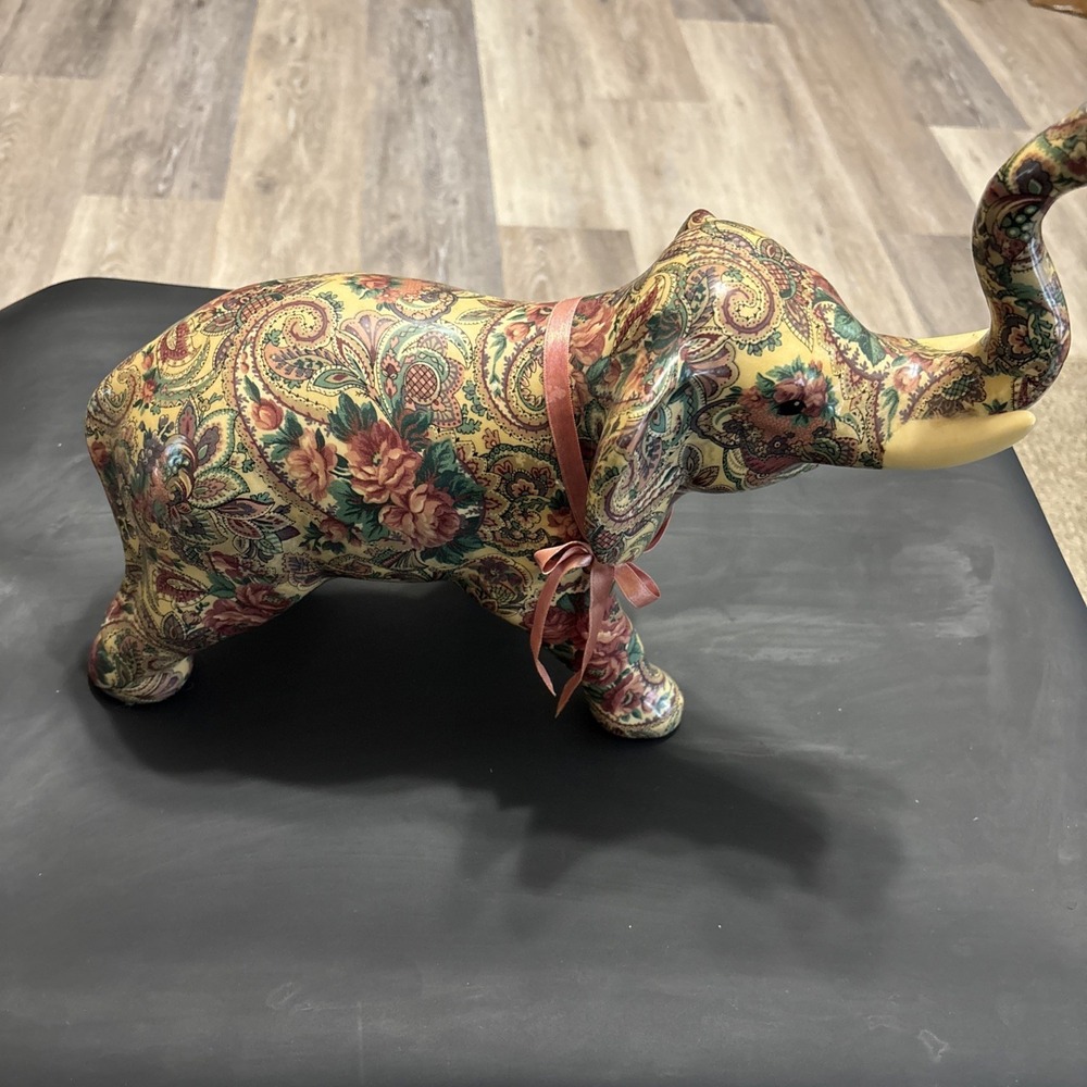 Large 16" Paisley Floral Elephant Figurine Resin Home Decor Trunk Up Vintage